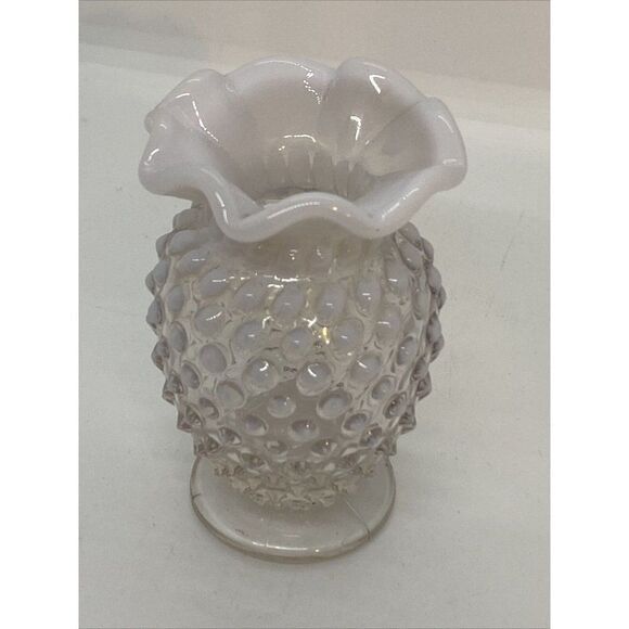 Fenton Clear/White Opalescent Hobnail Ruffle Edge 4” Vase Small bud vintage - Picture 1 of 6